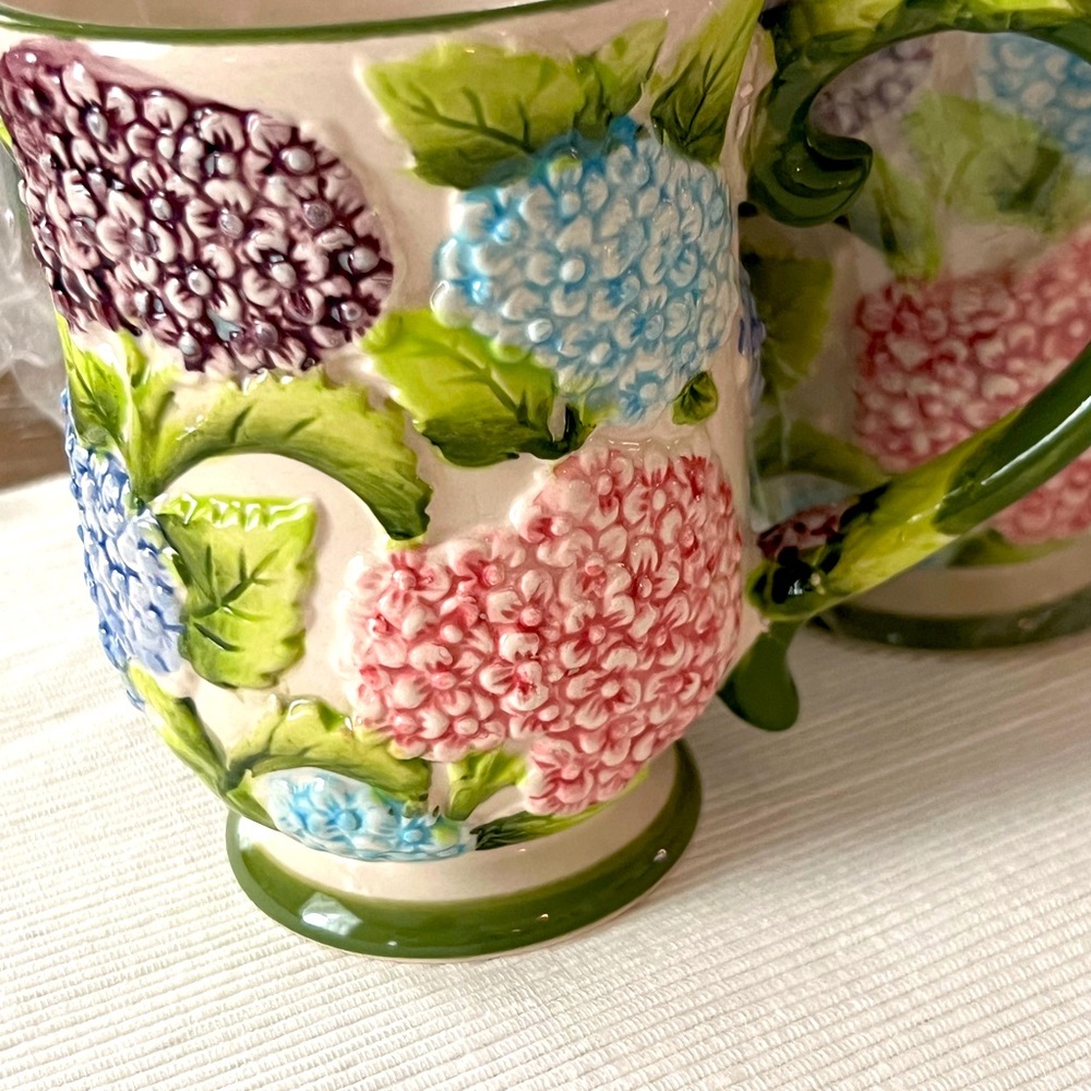 Temp-tations S/2 Coffee Mugs, TWO Cafe Mug Set, 12 oz Pedestal Cup - Hydrangea